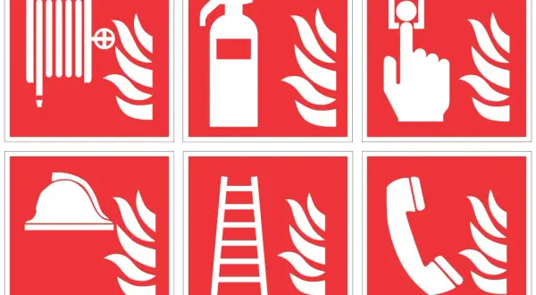 Znaki ognia: wąż strażacki, gaśnica, przycisk alarmowy, hełm, drabina, telefon.