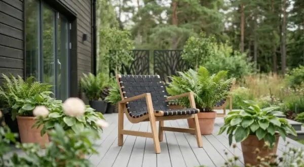 En modern fåtölj med trästomme och flätad sits i plast står på en altan omgiven av grönska.