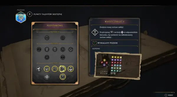 Gracz na poziomie 14 w Hogwarts Legacy przegląda drzewko talentów. Po prawej stronie widnieje informacja o nowym zestawie zaklęć.