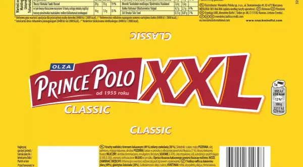 Prince Polo XXL, klasyczny wafelek z kremem kakaowym i czekoladą. 100g to 2211 kJ, 45g to 995 kJ.
