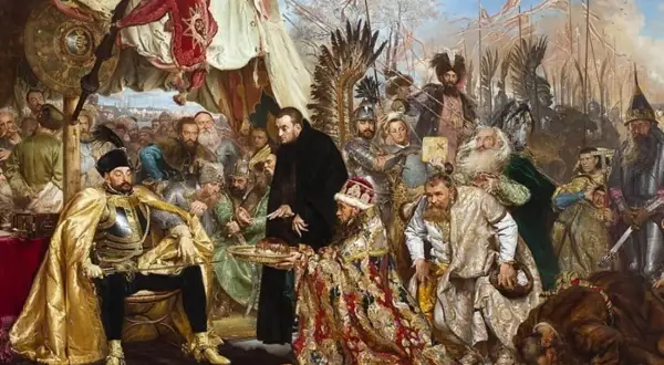 Uroczysta chwila podczas Konfederacji Warszawskiej. Król Jan Kazimierz klęka przed biskupem, przyjmując symboliczne dary.