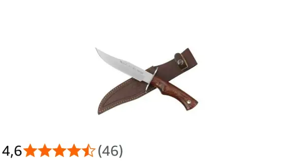 Cuchillo con mango de madera de muela marrón y funda de cuero.