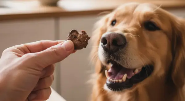Un golden retriever ansioso espera una golosina. ¡Qué bueno que el hígado es bueno para los perros!