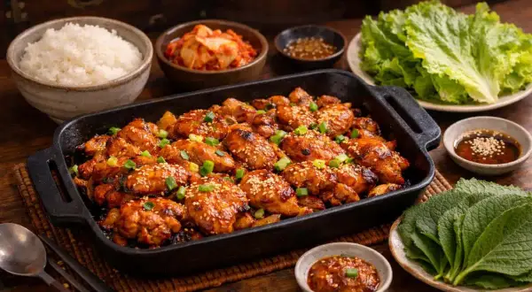 En härlig asiatisk kycklingrätt i en gjutjärnspanna, serverad med ris, kimchi och färska salladsblad.