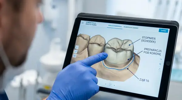 Dentysta w niebieskiej rękawiczce pokazuje na tablecie spiłowane zęby pod korony, analizując preparację.