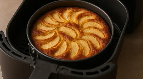 Torta di mele in friggitrice ad aria, dorata e profumata, pronta per essere gustata.