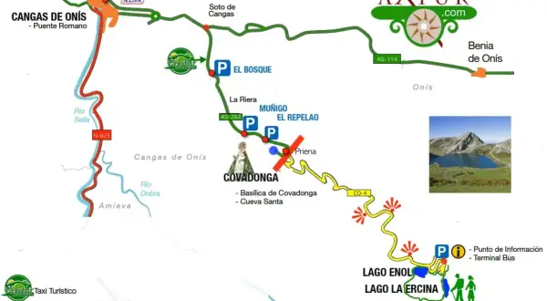 Mapa de la ruta a los Lagos de Covadonga, mostrando Cangas de Onís, la basílica y los lagos Enol y Ercina.