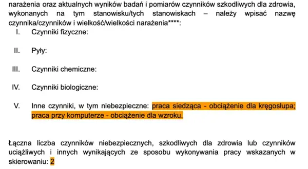 Formularz skierowania na badania lekarskie, wymieniający czynniki szkodliwe w pracy, np. praca przy komputerze.