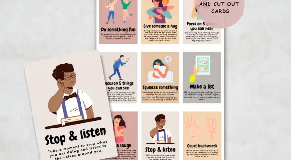 Karty z pomysłami na lekarstwo na zmartwienia: przytulanie, zabawa, słuchanie, ściskanie, śmiech, liczenie wstecz.
