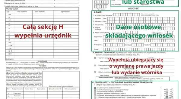 Wniosek o rejestrację pojazdu, wypełniany przez urząd lub starostwo, zawiera dane osobowe składającego wniosek oraz informacje o wydanym dokumencie, np. wymianę prawa jazdy.