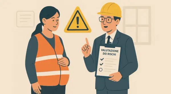 Un datore di lavoro con casco e occhiali discute con una donna incinta in giubbotto ad alta visibilità. Il datore di lavoro è tenuto a valutare i rischi per garantire la sicurezza.