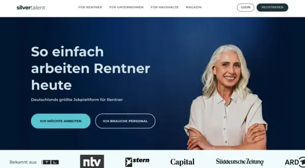 Engagierter Ruhestand: Eine lächelnde Seniorin wirbt für die Jobplattform "silvertalent", die Rentnern neue Möglichkeiten bietet.