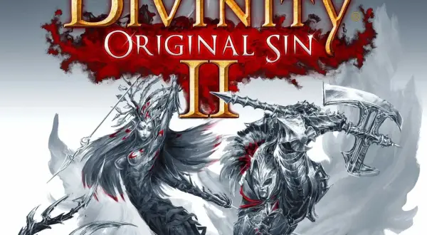 Okładka Divinity Original Sin II. Dwie postacie w zbrojach, jedna z łukiem, druga z toporem, walczą na tle czerwonej mgły. To świetny materiał na poradnik!