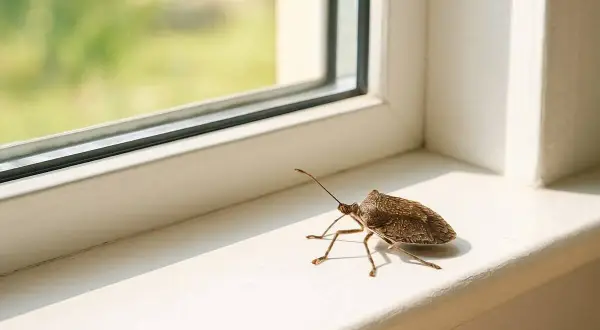 Une petite bête maison, un insecte brun, se repose sur le rebord d'une fenêtre blanche, regardant dehors.
