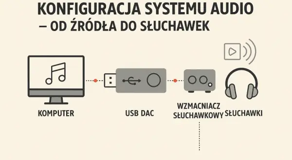 Schemat konfiguracji audio: komputer, USB DAC, wzmacniacz słuchawkowy i słuchawki. THD to parametr jakości dźwięku.