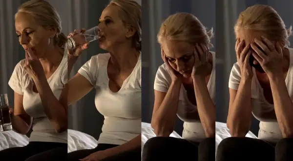 Kvinna tar antidepressiva sertralin, dricker vatten och känner sig nedstämd.
