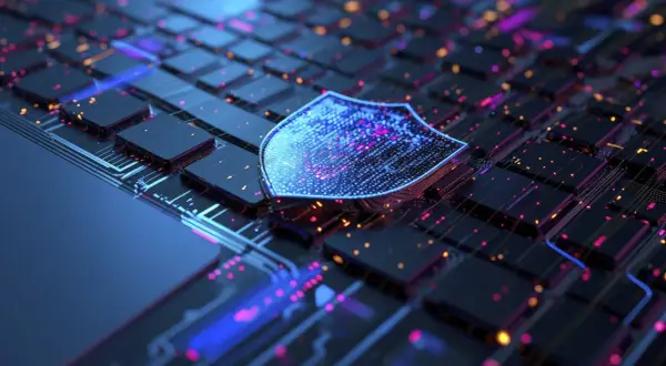 Cyfrowa tarcza chroni obwody komputera, symbolizując darmowy antywirus na laptopa.