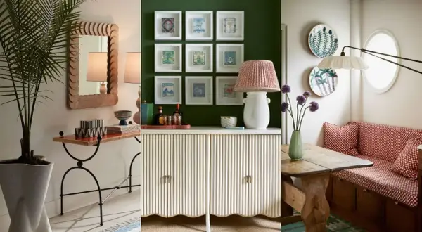 Stylish vignettes offer **empty corner ideas**: a console with a mirror, a cabinet with framed stamps, and a dining nook with decorative plates.