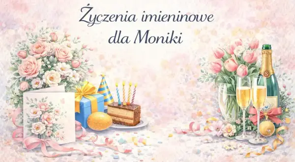 Wesołe życzenia imieninowe dla Moniki! Bukiet róż, tort ze świeczkami, szampan i prezenty.
