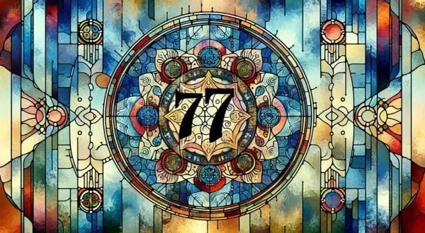 Buntglasfenster mit Mandala und der Zahl 77. Die 77 bedeutung bibel symbolisiert göttliche Vollkommenheit und Erneuerung.