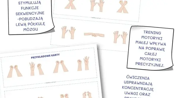 Karty z ćwiczeniami dłoni, które pomagają w regeneracji po treningu, usprawniając motorykę małą i koncentrację.