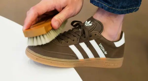 Delikatna szczotka do czyszczenia brązowych butów zamszowych Adidas Spezial. Dowiedz się, czym wyczyścić buty zamszowe, by wyglądały jak nowe.