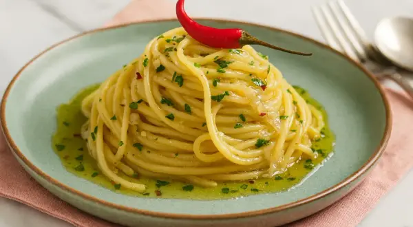 Ein Berg aus **Spaghetti Aglio Olio Original Italienisch**, garniert mit einer roten Chilischote und frischer Petersilie.