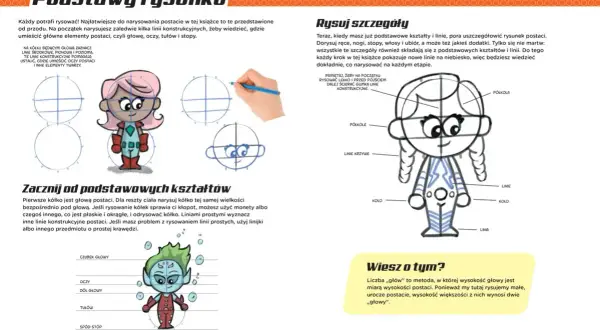 Instrukcja rysowania postaci z komiksów dla dzieci łatwych do narysowania po polsku. Pokazuje jak zacząć od kółek i linii, by stworzyć urocze postacie.