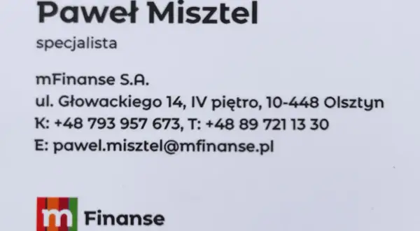 Wizytówka Pawła Misztela, specjalisty mFinanse S.A. w Olsztynie.