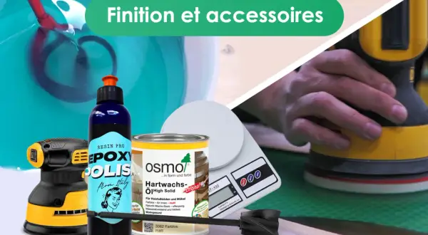 Outils et produits pour la finition : ponceuse, résine époxy, huile pour bois. La résine époxy, un matériau polyvalent, trouve son utilisation dans de nombreux projets de bricolage et de décoration.