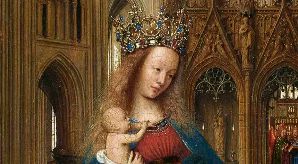 Detail aus Kunstwerken von Jan van Eyck: Madonna mit Kind, gekrönt, in einer gotischen Kirche.