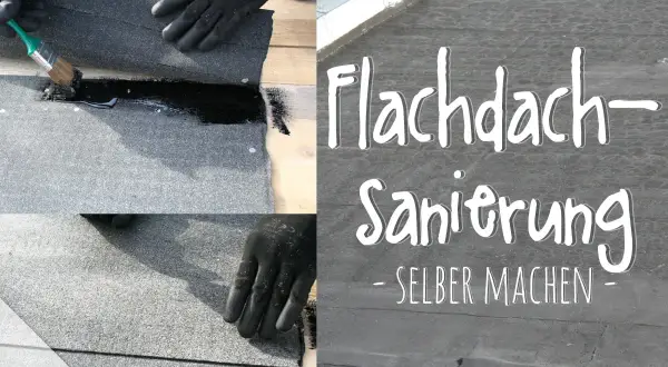 Hände mit Handschuhen verlegen Dachpappe auf einem Flachdach. Bitumen wird aufgetragen, um die Abdichtung zu sichern.