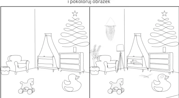 Znajdź różnice do druku: pokój dziecięcy z zabawkami, choinką i meblami.