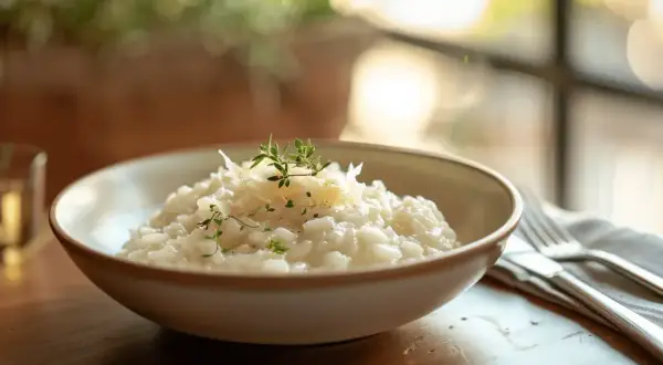 Un crémeux risotto cookeo, garni de parmesan et de thym frais, servi dans un bol sur une table en bois.