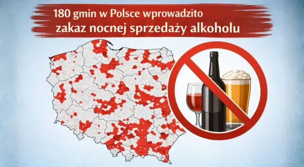 Mapa Polski z zaznaczonymi na czerwono gminami, gdzie wprowadzono prohibicję nocnej sprzedaży alkoholu. Obok symbol zakazu.