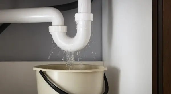 Undichtigkeit am Siphon: Wasser tropft in einen Eimer. Dies zeigt, wie wichtig es ist, Siphon Dichtungen richtig einsetzen, um solche Probleme zu vermeiden.