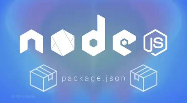 Logo Node.js avec des icônes de paquets et "package.json", symbolisant les **node modules**.