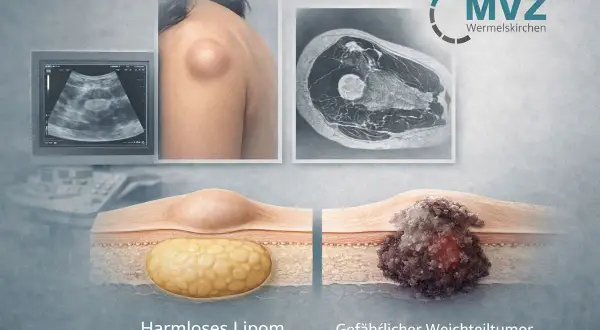 Vergleich: harmloses Lipom (Fettgewebe) und gefährlicher Weichteiltumor im Querschnitt. Ultraschallbild und MRT-Aufnahme zeigen die Unterschiede.