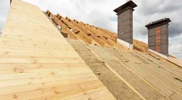 Costruzione di un tetto con coibentazione in lana di roccia e pannelli in legno. Due camini in muratura emergono dalla struttura.