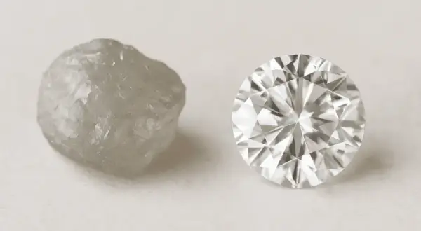 Surowy, nieoszlifowany przezroczysty kamień obok lśniącego, fasetowanego diamentu.
