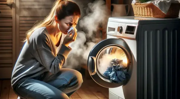Kobieta w dymie z pralki Electrolux, która potrzebuje czyszczenia bębna.