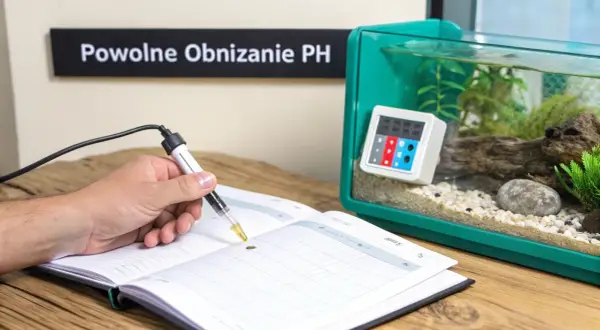Ręka trzymająca strzykawkę nad otwartym notatnikiem, obok akwarium z zielonymi roślinami i cyfrowym wyświetlaczem. To pokazuje, jak obniżyć pH wody w akwarium.