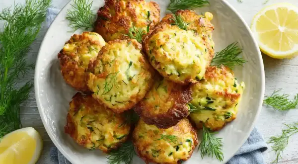 Goldbraune zucchini puffer, garniert mit Dill, auf einem Teller mit Zitronenspalten.