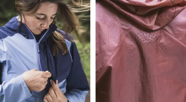 Kvinna med vind i håret drar upp dragkedjan på en ljusblå och mörkblå jacka. Detaljbild visar en rosa jacka med perforeringar. Perfekt för att laga Gore-Tex.