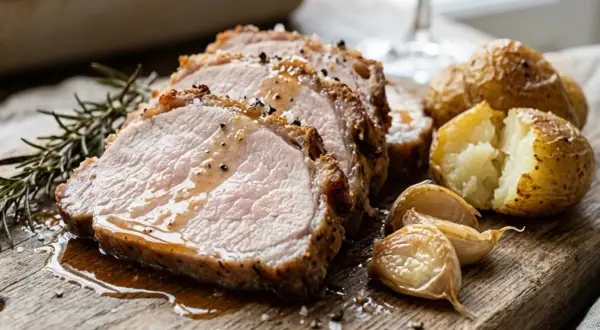 Arista al forno succulenta su tagliere di legno, con patate arrosto, aglio e rosmarino.