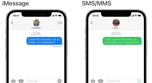 Porównanie iMessage i SMS/MMS. Na iMessage niebieska bańka z tekstem "Cześć! Nie widziałem was od wieków. Co porabialiście?". Na SMS/MMS zielona bańka z tekstem "Cześć, Lauren! Słyszałem, że zamawiałaś coś w nowej pizzerii.