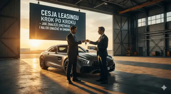 Dwóch mężczyzn w garniturach dokonuje cesji leasingu luksusowego samochodu. Na ekranie widnieje napis "Cesja leasingu krok po kroku".