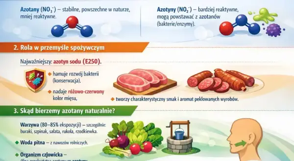 Azotany i azotyny w żywności: stabilne azotany (NO₃⁻) i reaktywne azotyny (NO₂⁻). Azotyn sodu (E250) konserwuje mięso, nadaje kolor i smak. Źródła naturalne: warzywa, woda.