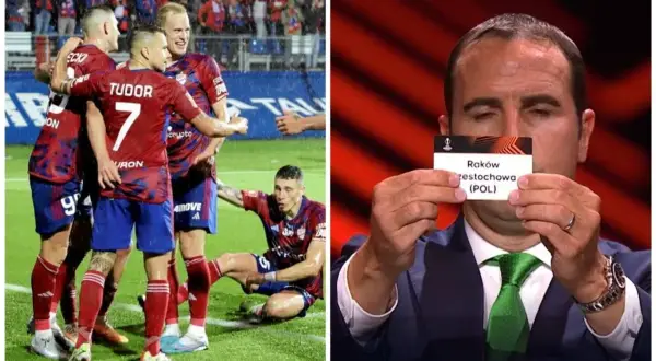 Piłkarze świętują, a na drugim zdjęciu widać kartkę z napisem "Raków Częstochowa (POL)" podczas losowania Ligi Europy.