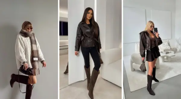 Brązowe kozaki stylizacje: sweter oversize, skórzana kurtka i krótka spódniczka.